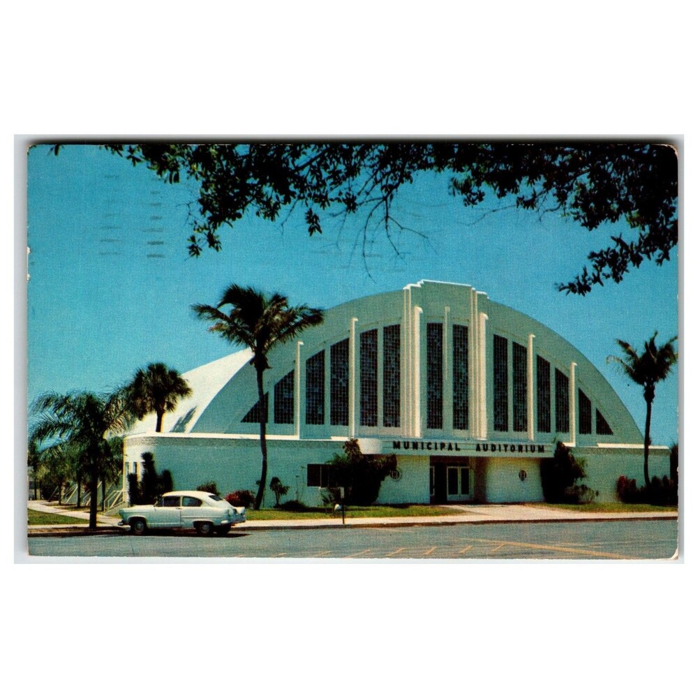 Sarasota Florida Municipal Auditorium 1961 Art Deco Chrome Postcard